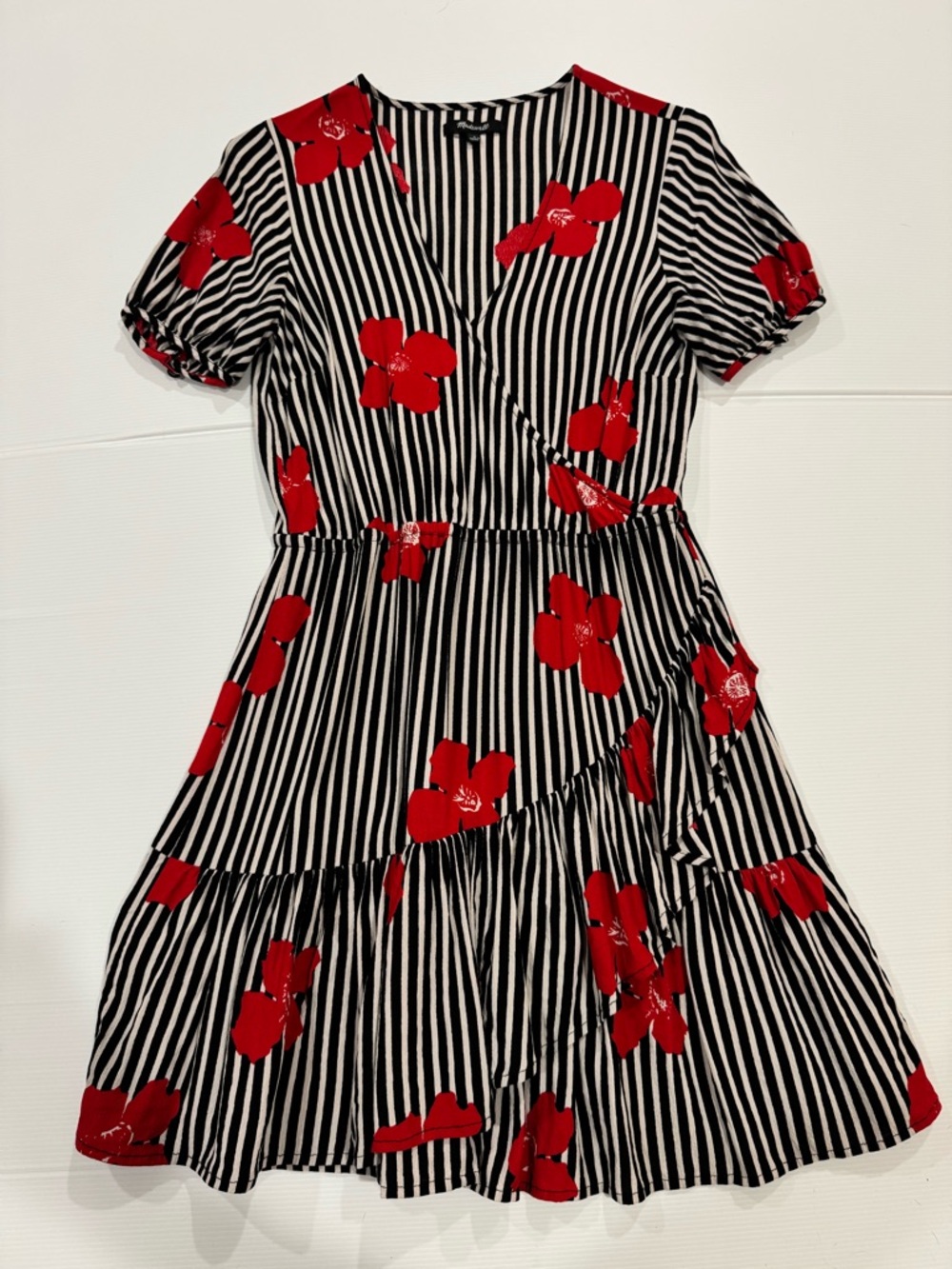 Madewell Black & White Striped Dress with Red Floral Accents